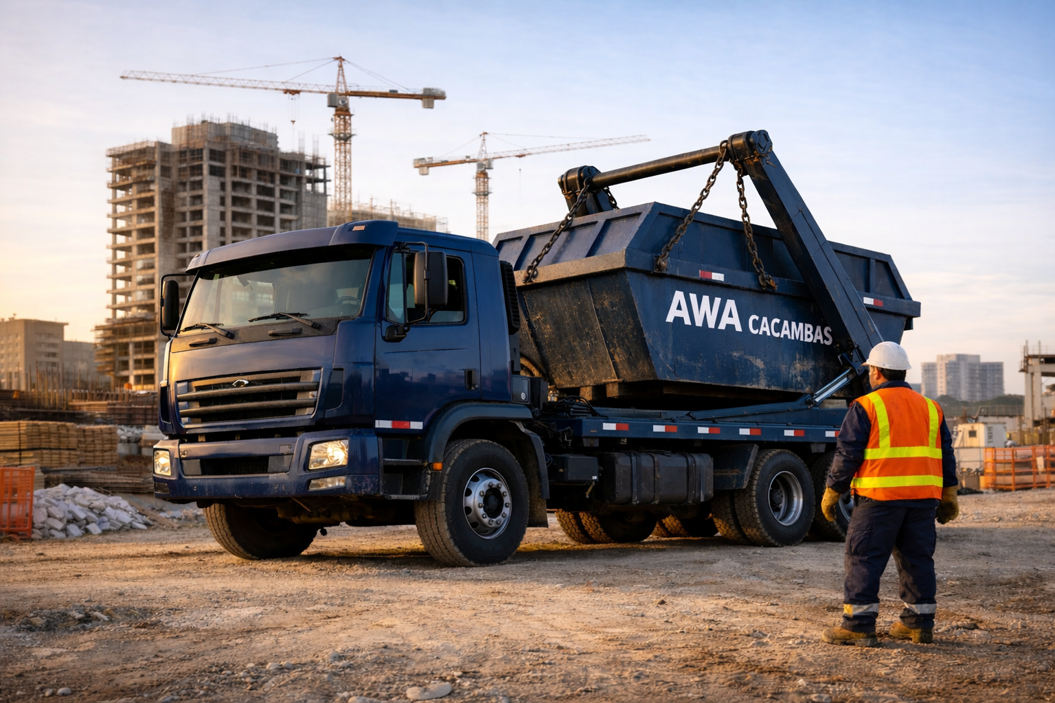 Caminhão AWA Caçambas em obra - Locação de Caçambas com Atendimento Rápido
